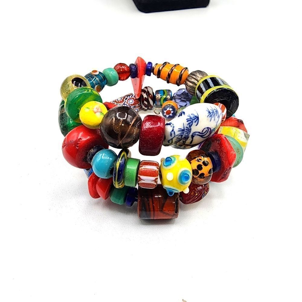 Bright colored mixed print beaded bracelet